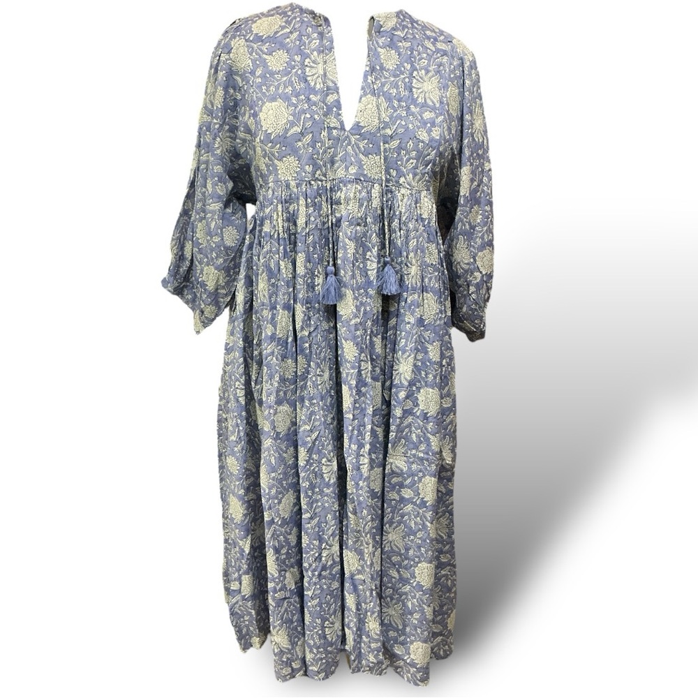 NWT Dolma Midi Dress blue ivory cotton print Daughters of India bohemian L XL